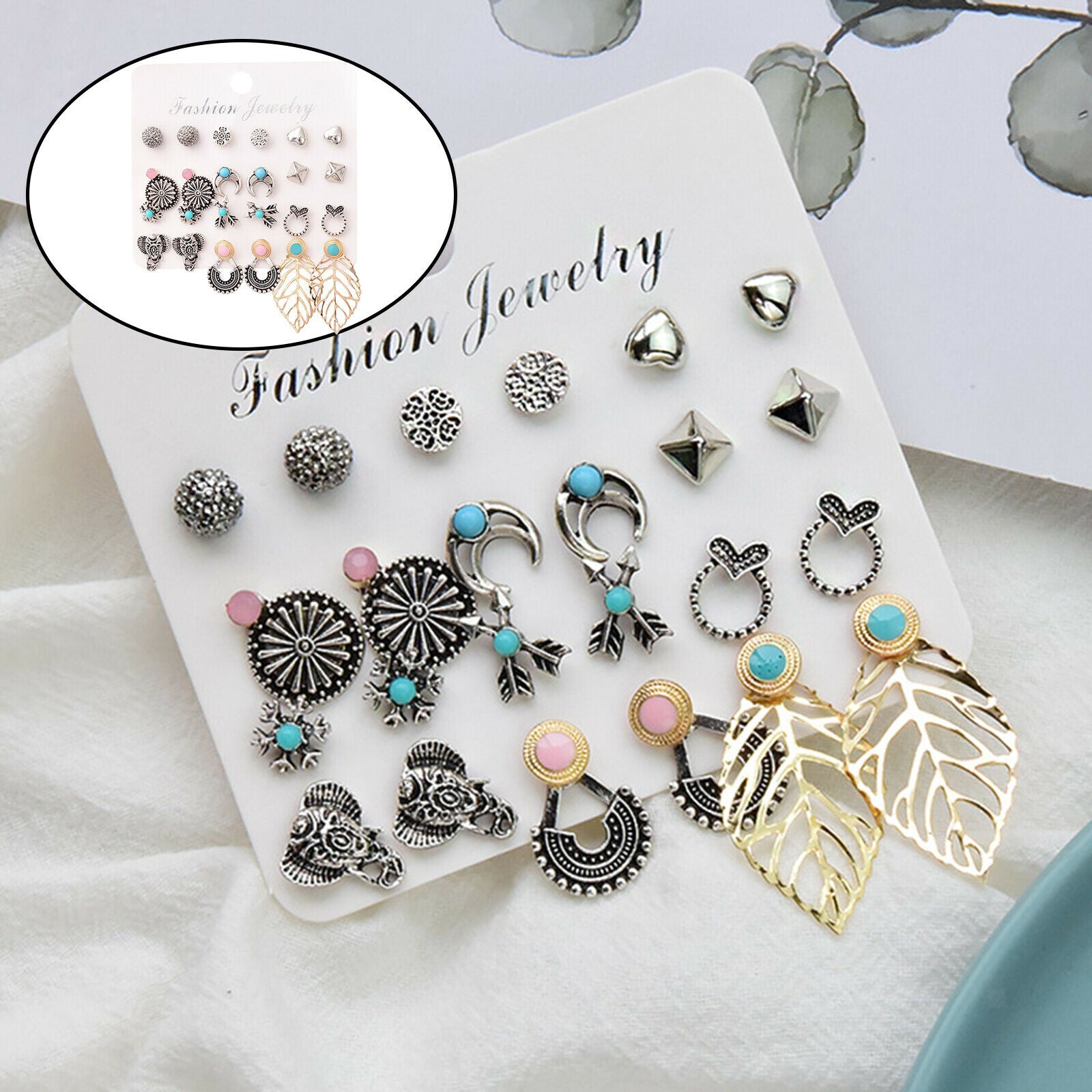 12 Pairs Alloy Leaf Earrings Elegant Women Girl's Ear Stud Set Jewelry