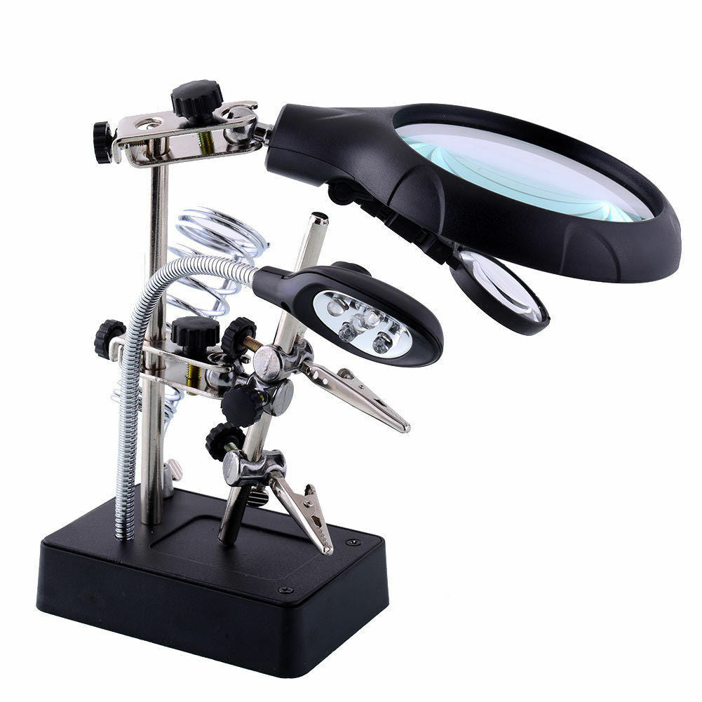 Helping 2 LED Hand Soldering Stand Light Magnifier Magnifying Glass Lens MG16129