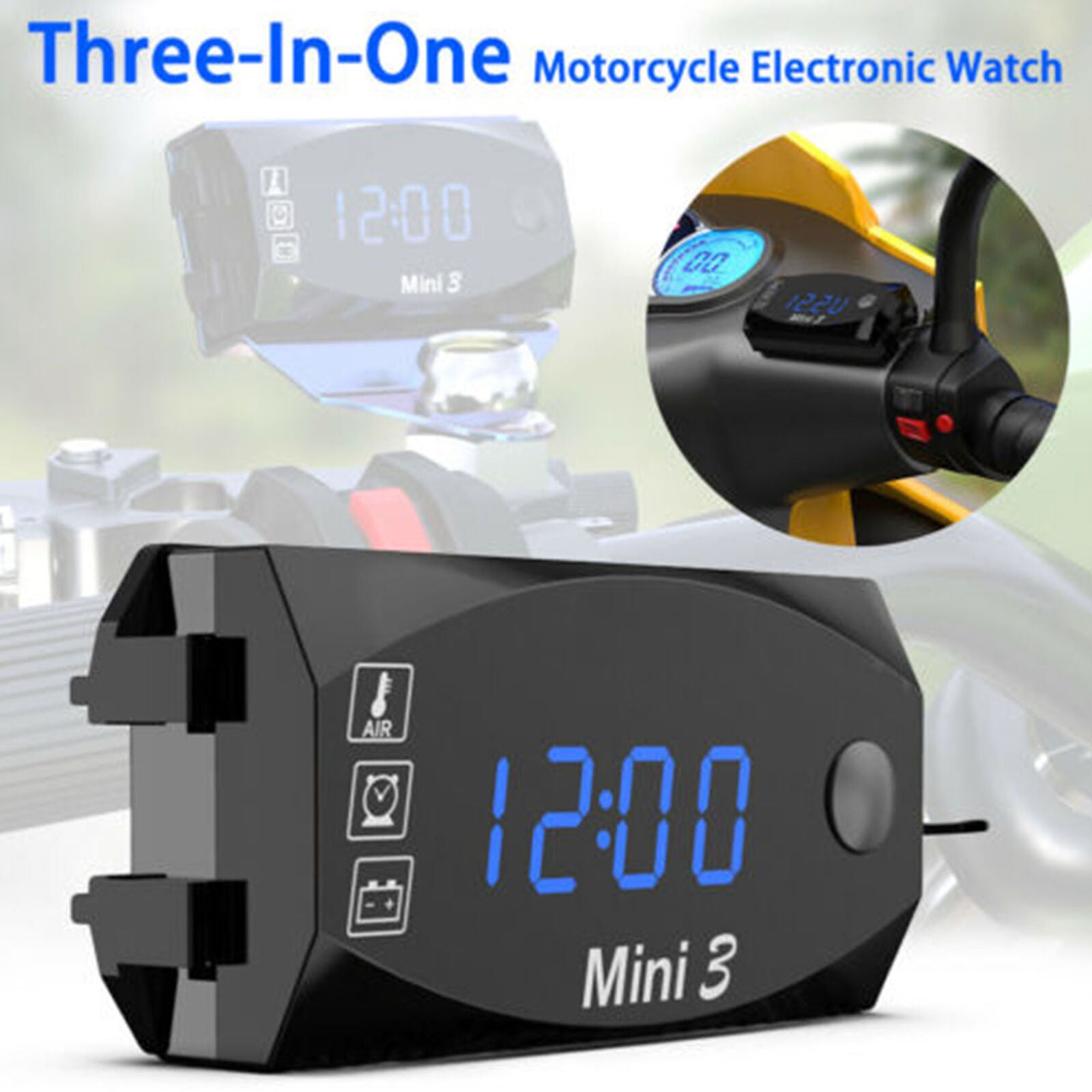 3 in1 LED Electronic Digital Time Clock Thermometer Voltmeter For 12V Motorcycle