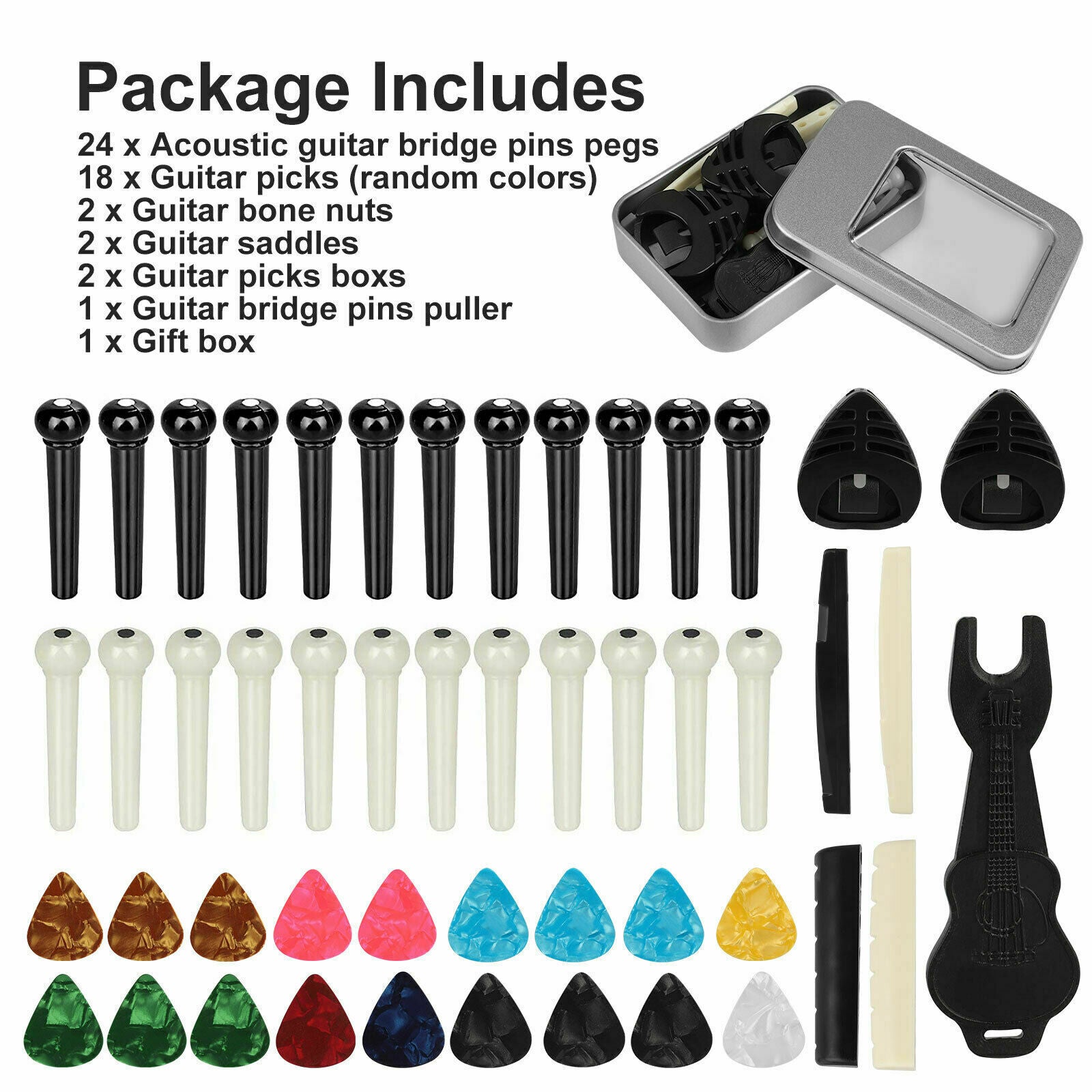 2 Set Saddle Nut+Puller+24PCS Acoustic Guitar Bridge Pins Pegs+18 Guitar Picks
