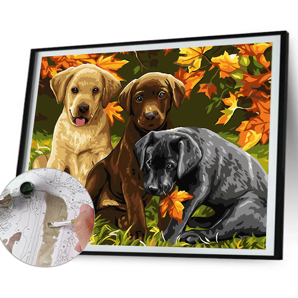 Leaves Dogs DIY Oil Painting By Numbers Kit Canvas Hand Painted Wall Art @