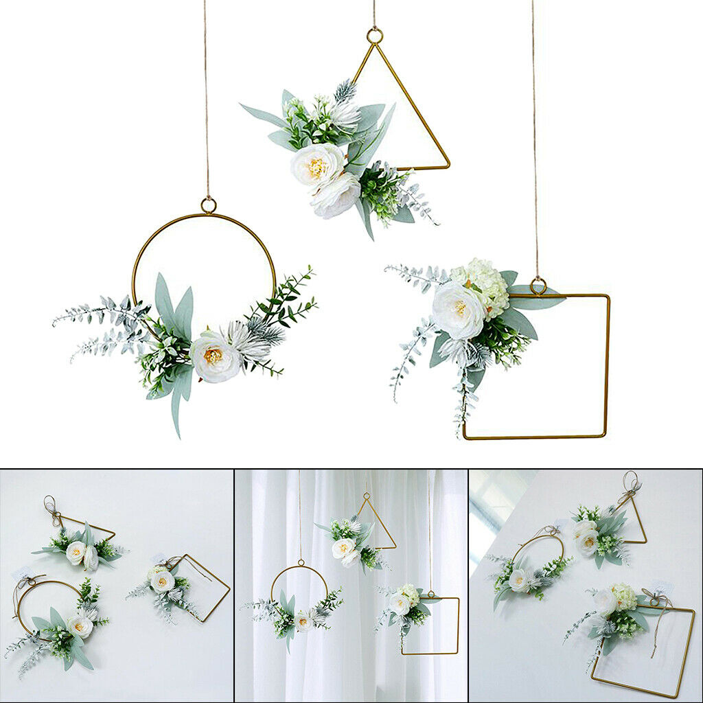 Set of 3 Metal Geometric Floral Hoops Wreath Hanging Garland DIY Wall Decor
