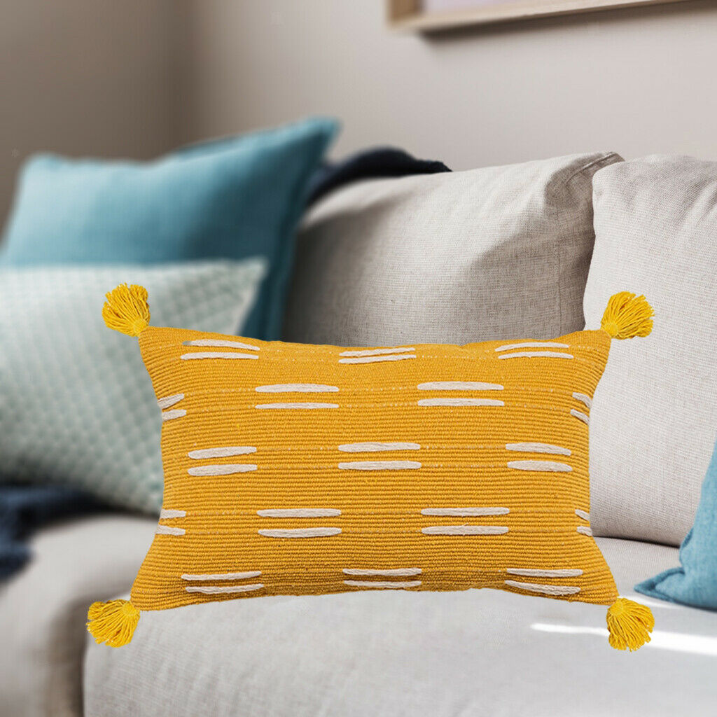 Bohemian Pillow Cover Tufted Four-corner Tassel Farmhouse Yellow Rectangle