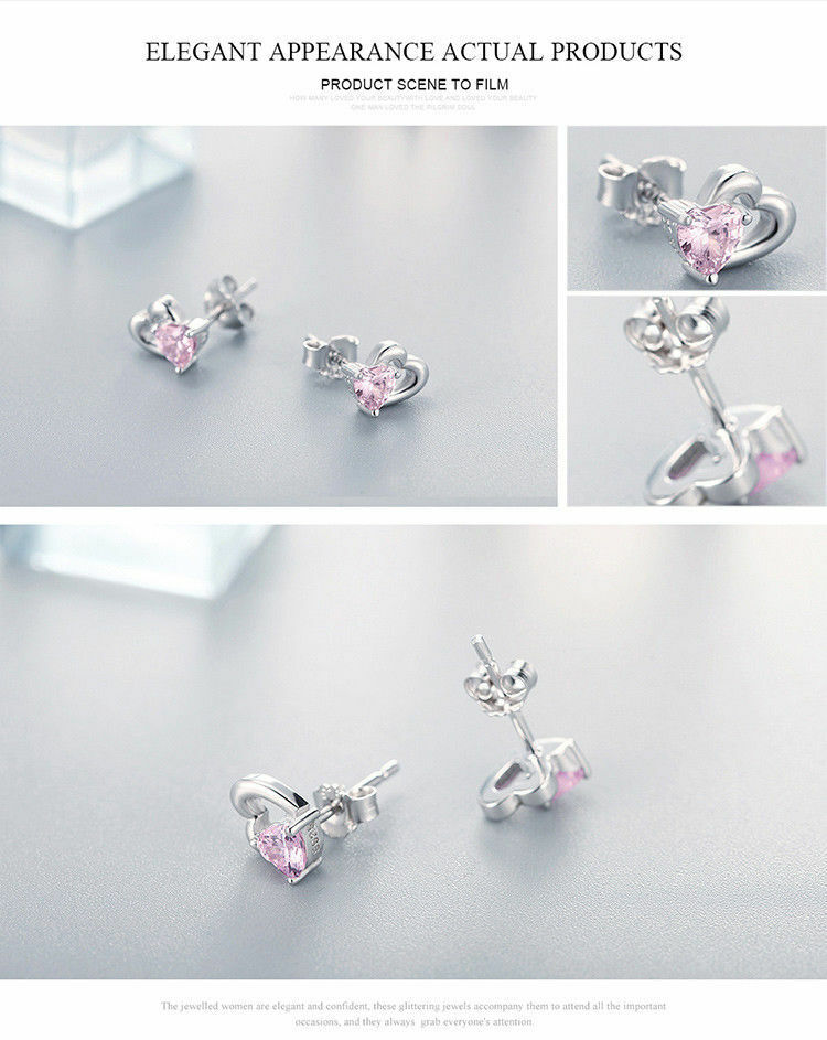 Double Love Heart to Heart Pink CZ Stud Earrings for Women 925 sterling Jewelry