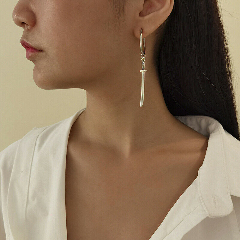 Fashion Sword Shape Pendant Tassel Drop Dangle Earrings Stud Women Men Je.l8
