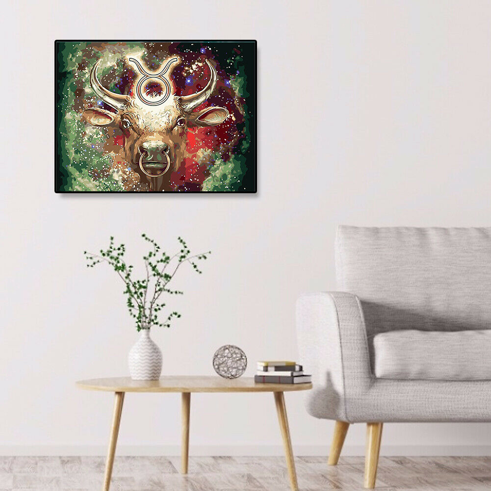 Oil Painting By Numbers Kit DIY Cow Head Canvas Hand Painted Art Wall Decor @