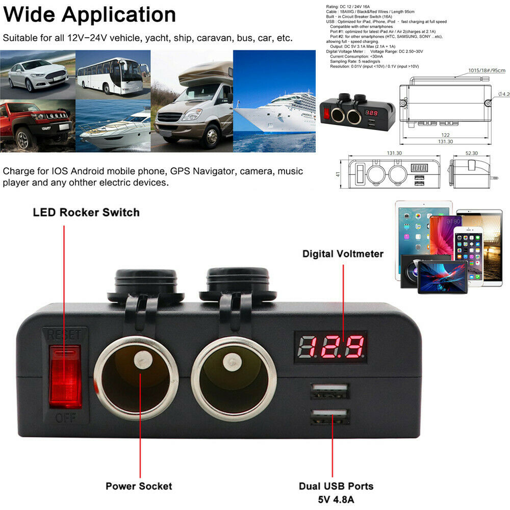 LED 12/24V Car Truck Fast Charger Socket Dual USB Port Voltmeter w/Rocker Switch