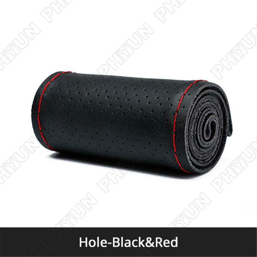 38cm DIY Hand Sewing Car Steering Wheel Cover Premium Leather Black & Red Line
