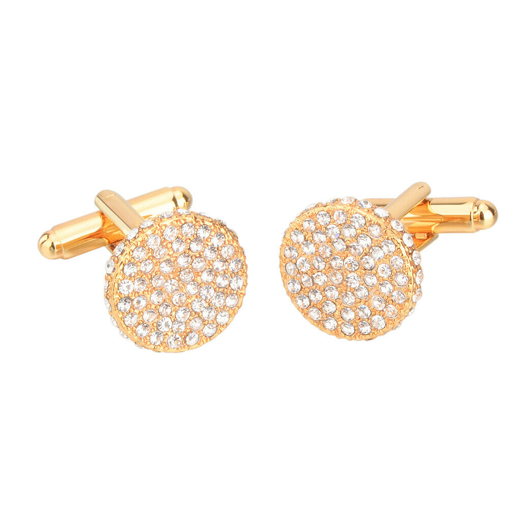 2pcs Men Rhinestone Cuff Links Shirt Banquet for Usher Bride Golden 17mm