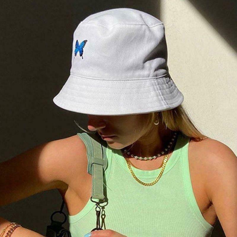 Unisex Summer Butterfly Embroidered Bucket Hat Harajuku Sunscreen Fisherman Cap