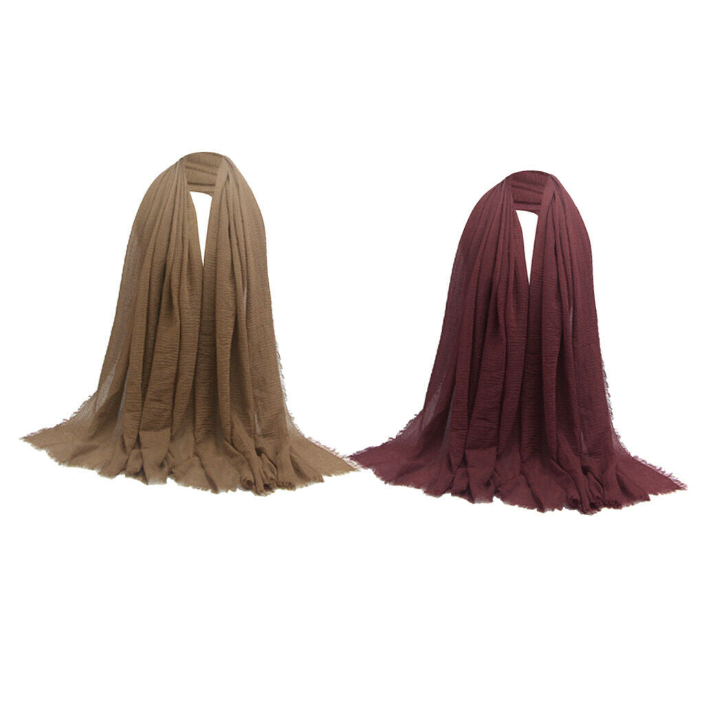 2Pcs Fashion Soft Long Scarf Plain Pleated Hijab Shawl Turban Head Scarf