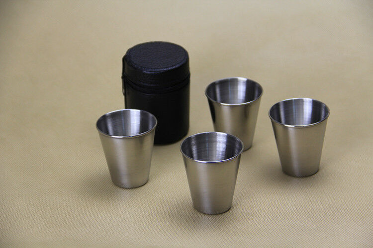4pc Stainless Steel Shot Glass Set with Leather Case