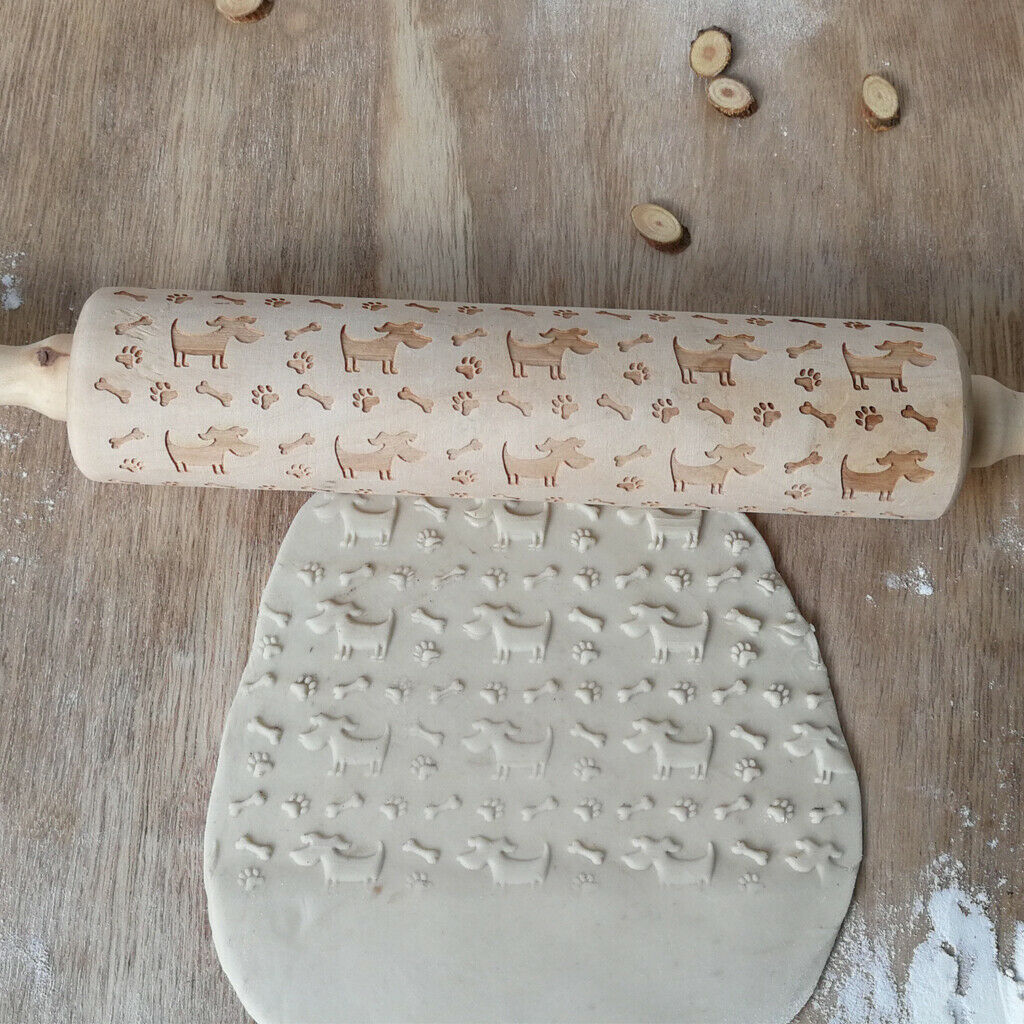 Wooden Rolling Pin Dog Bone Paw Embossing Baking Cookies Biscuit Fondant Wedding