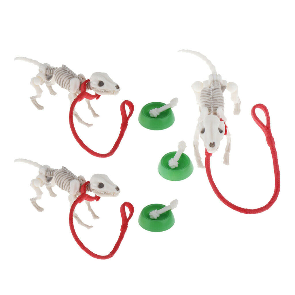 3x Mini Skeleton Dog Child Pretend Toys Party Bags Filler w/ Bowl Bone