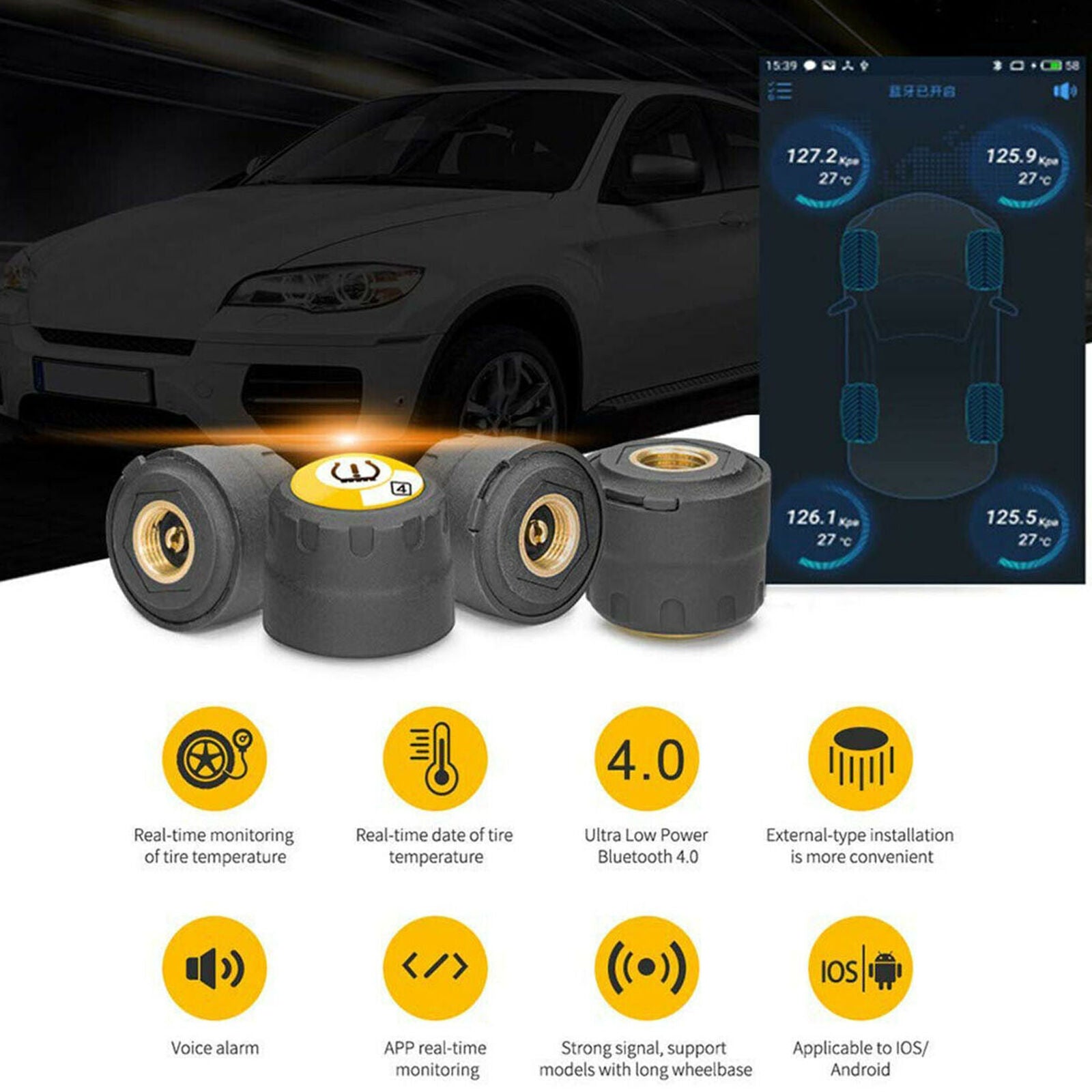 Car Bluetooth TPMS Monitor Alarm System For Andriod IOS Tire Pressure 4 Sensors