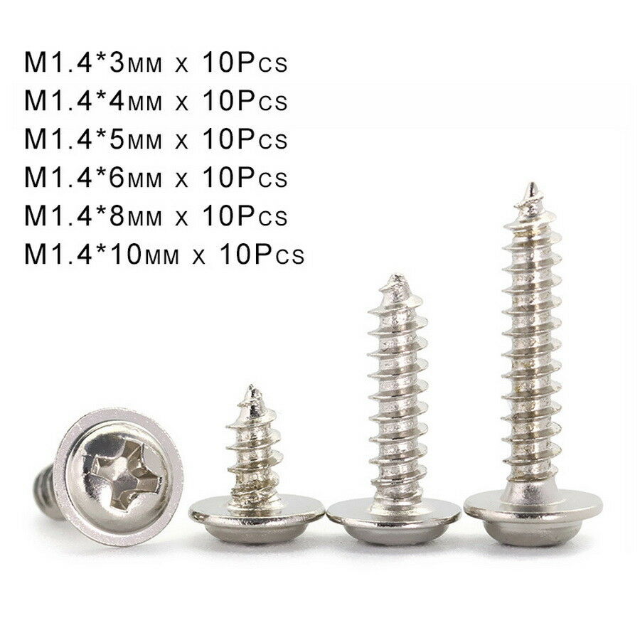 60Pcs M1.4* 3-10mm Phillips Pan Head Washers Self Tapping Screws Kit Ni Plated