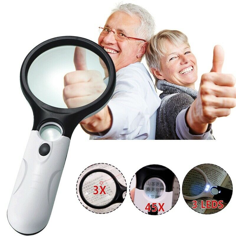 Handheld 45X Magnifying Reading Glass Lens Jewelry Loupe w/ 3 LED Light Lamp