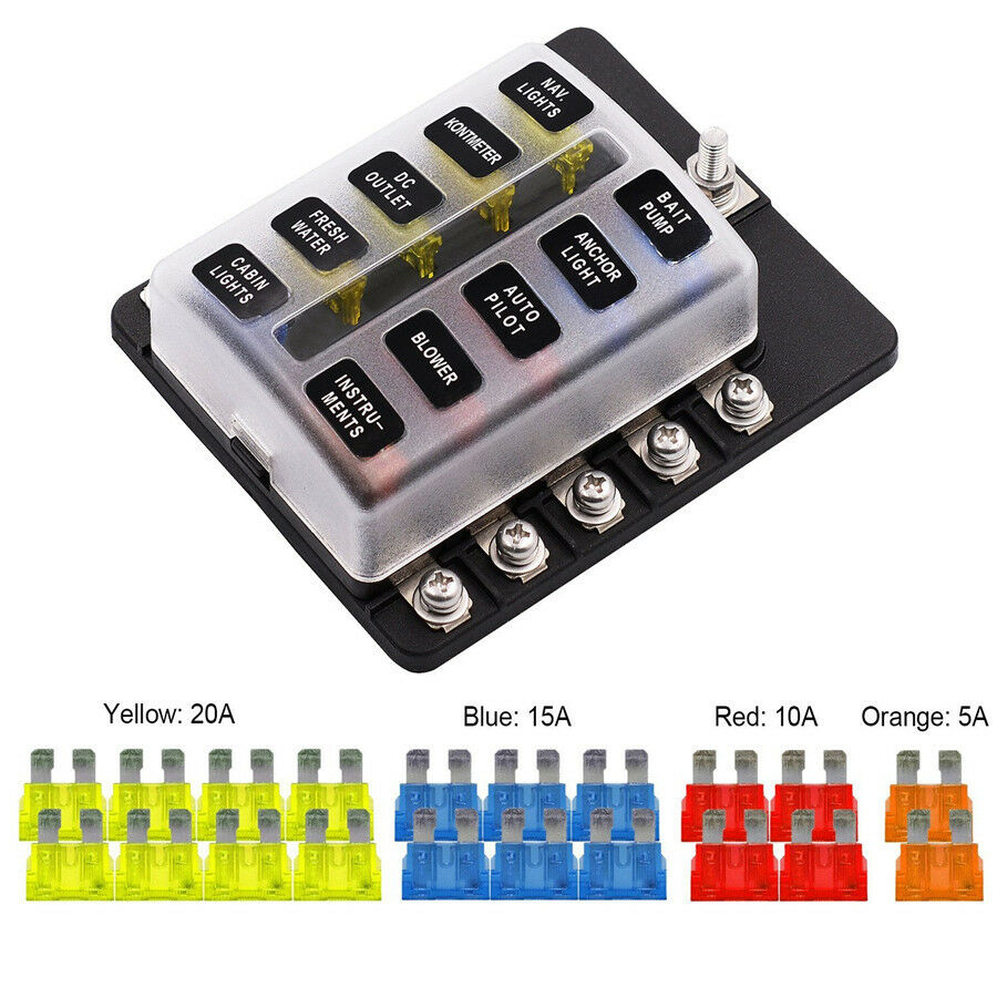 5A 10A 15A 20A 10-way Fuse Box Blade Fuse Holder (ATO/ATC) LED Waterpoof Cover
