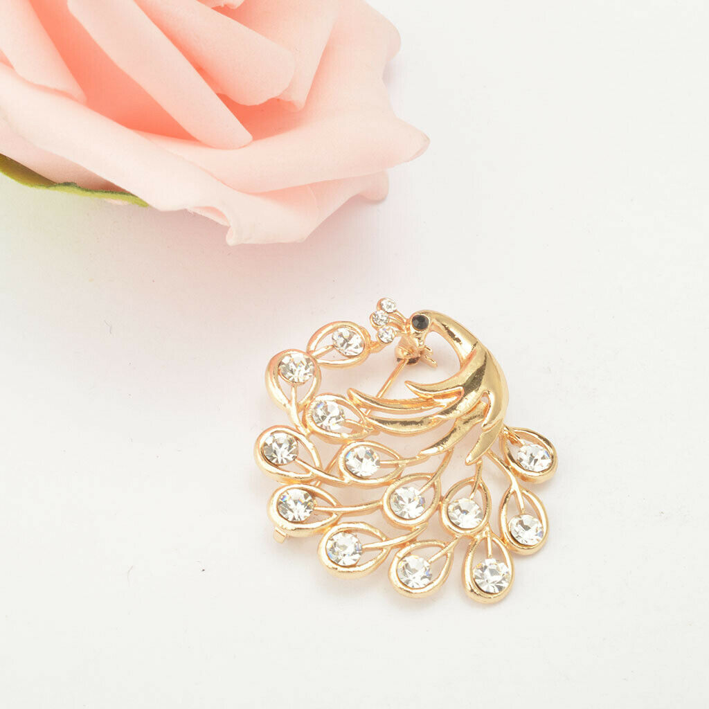 Elegant Peacock Crystal Rhinestone Golden Collar Brooch Pin Wedding Bridal