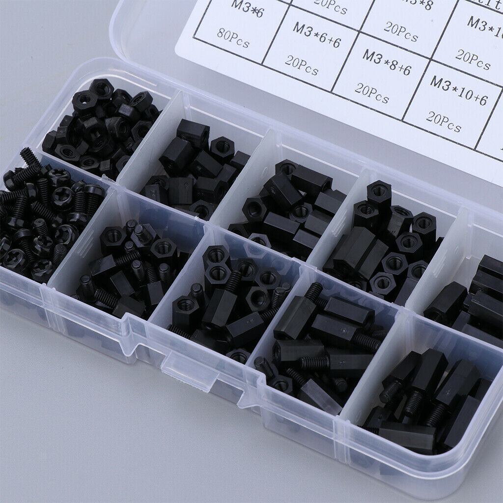 300 pcs M3 Nylon Hex Nuts Spacers Screws Stand-off Accessories Kit Black