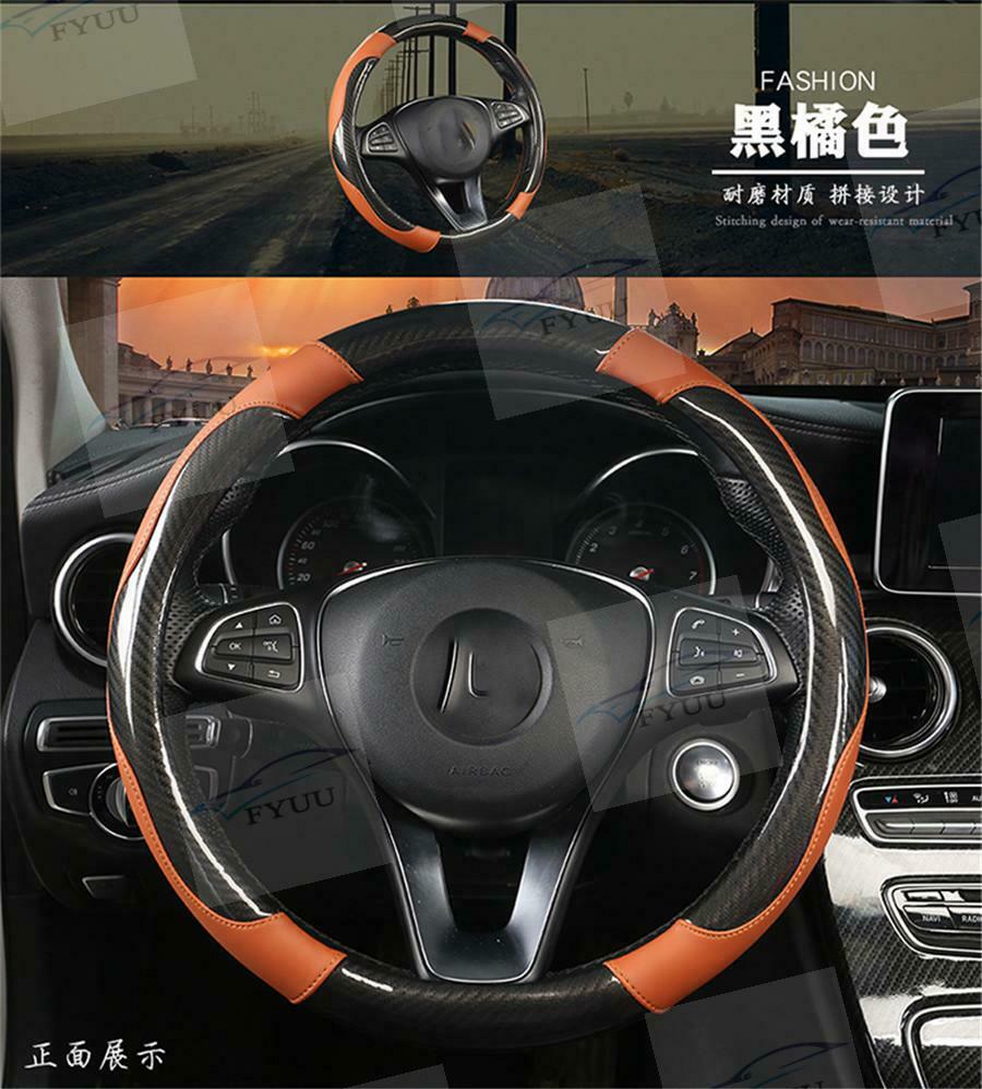 15inch/38cm Carbon Fiber Leather Stitching Steering Wheel Cover Black Non-slip