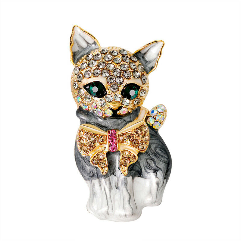 New Enamel Crystal Green Eye Cartoon Cat Brooch Pin Jewelry Bag Ornament G.l8