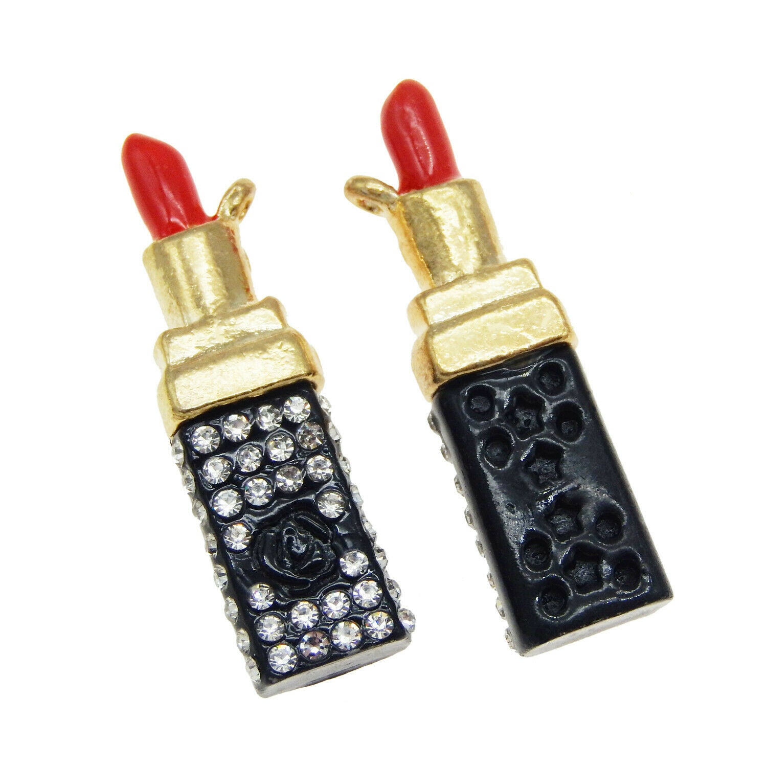 3 pcs Enamel Lipstick Metal Crystal Pendant Charm DIY Jewelry Findings 37x11mm