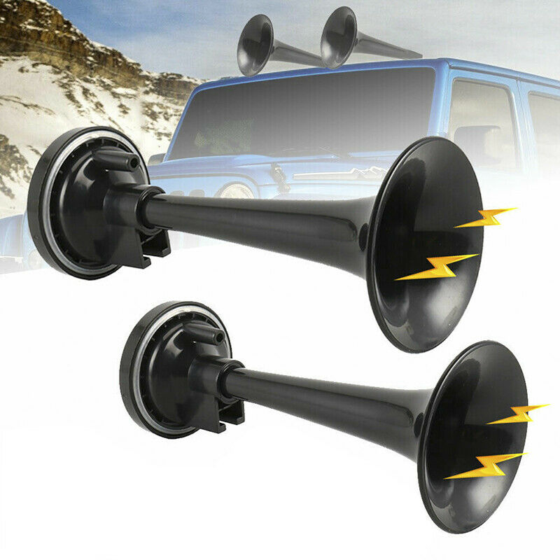 2PCS Black Air Horn Dual Trumpet Air Pump Air Horn Pipe Car Truck Train Boat  Ad