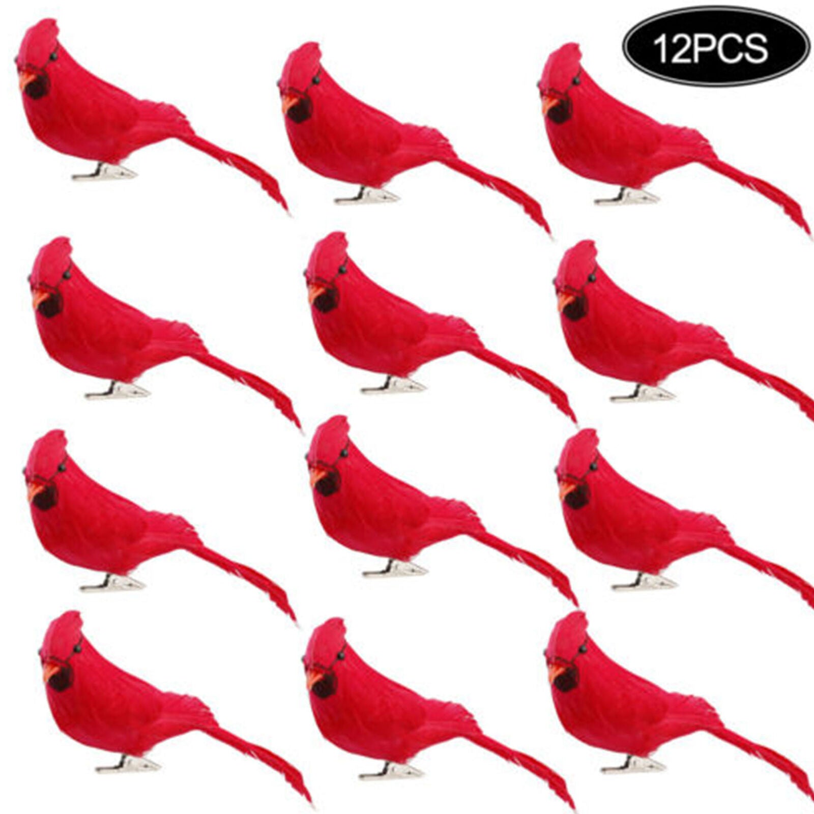12pcs Artificial Red Clip-on Cardinals Feathered Birds Christmas Ornaments