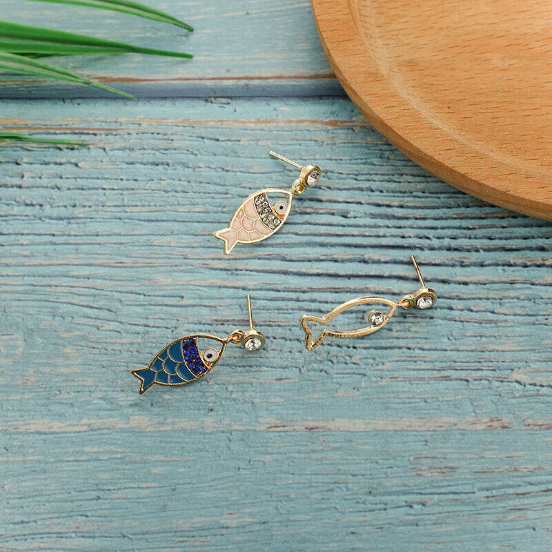 3Pcs/Set Fashion Women Bohemian Sea Fish Crystal Dangle Stud Earrings Jewelr Qx