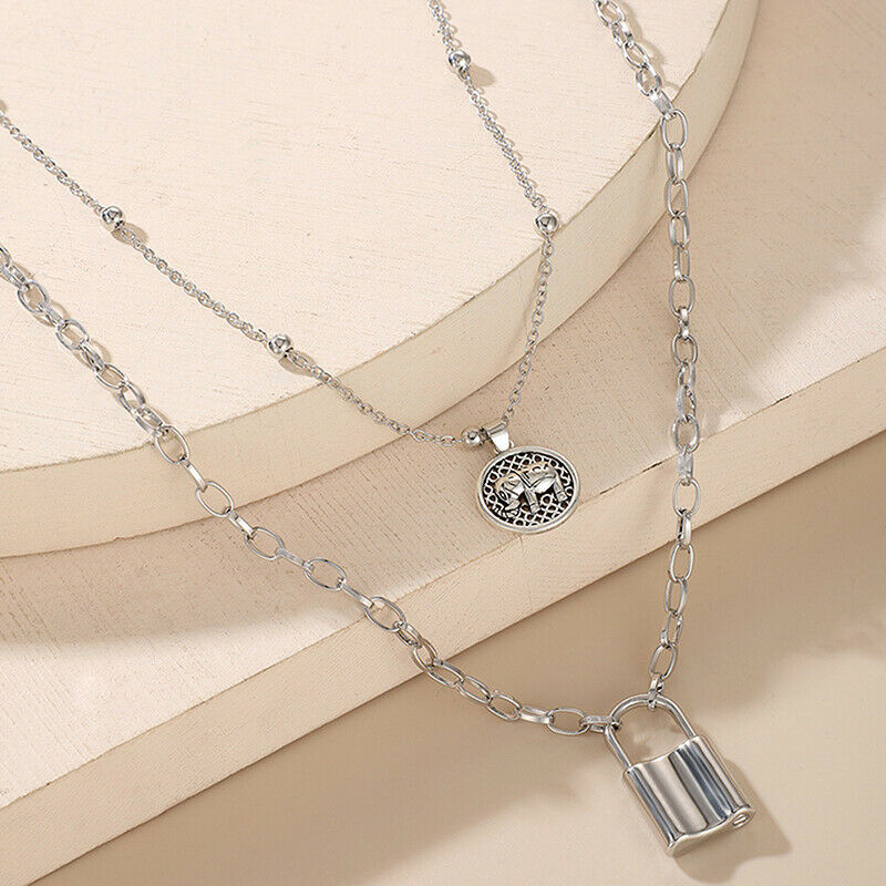 Fashion Multi-Layer Necklace With Elephant/Lock Hanger Chain Punk Choker .l8