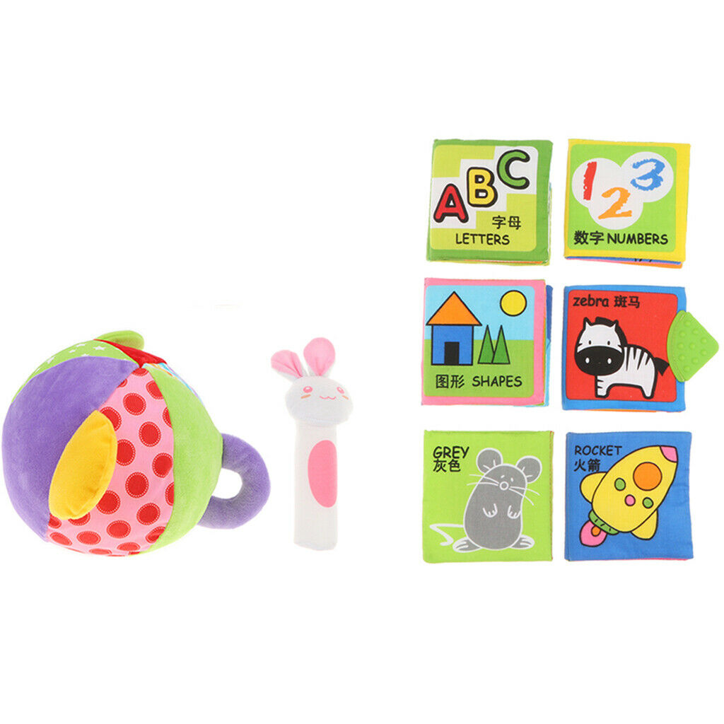 Set of 8 pieces Baby Soft Cloth Books & Rattle Squeaker, Early Number Letter