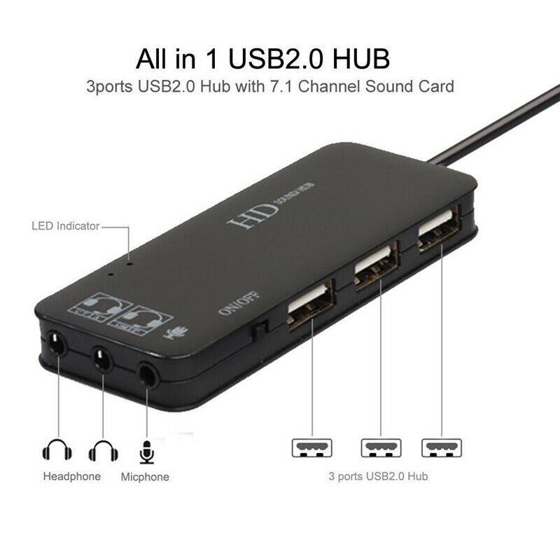3 Port Usb 2.0 Hub External 7.1Ch Sound Card Headset Microphone Adapter For PcO5