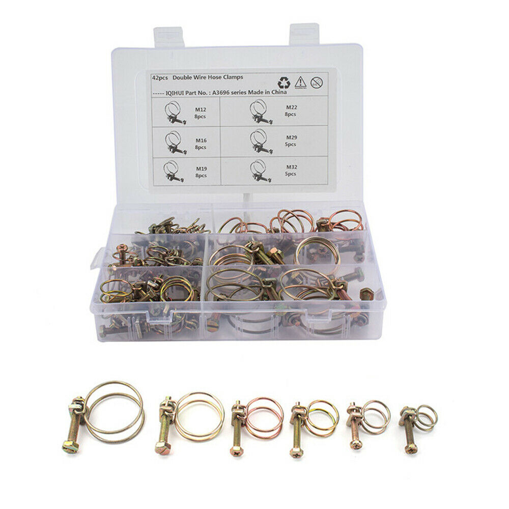 42pcs Double Wire Hose Clamps w/ Screws Bolts Locking 6 Size Adjustable Steel