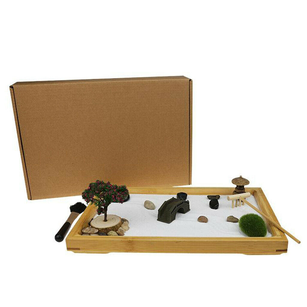 Zen Garden Rake Rocks w/Bamboo Tray Desk Mini Sand Garden Kit Meditation