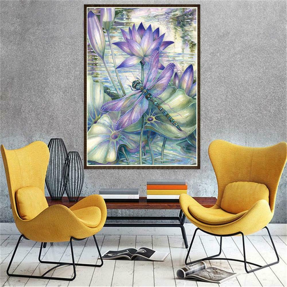 Dragonfly Lotus Flower 5D DIY Full Drill Diamond Painting Embroidery Decor @