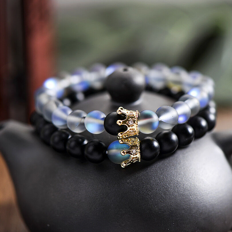 Luxury Couple His And Hers Distance Bracelets Moonstone Beads CZ Crown Lovers
