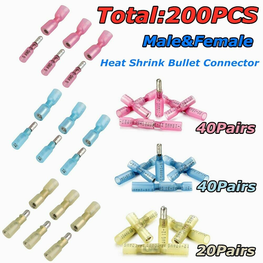 200Pcs Heat Shrink Bullet Wire Connectors 22-10AWG Female Male Crimp Terminals