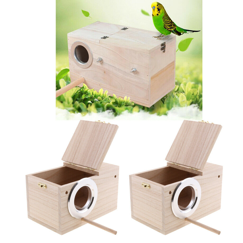 2x Wooden Budgie Nest Nesting Box & Perch For Cage Aviary With Opening Top