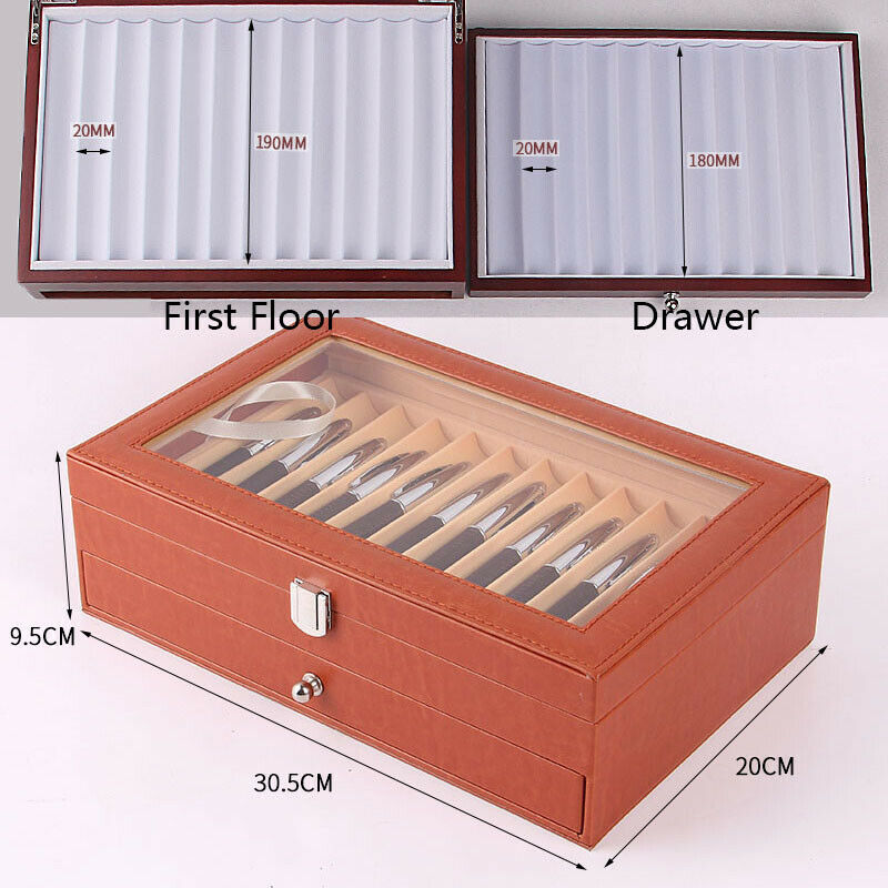 24 Slots 2 Layer Wood Leather Fountain Pen Display Case Storage Box Black
