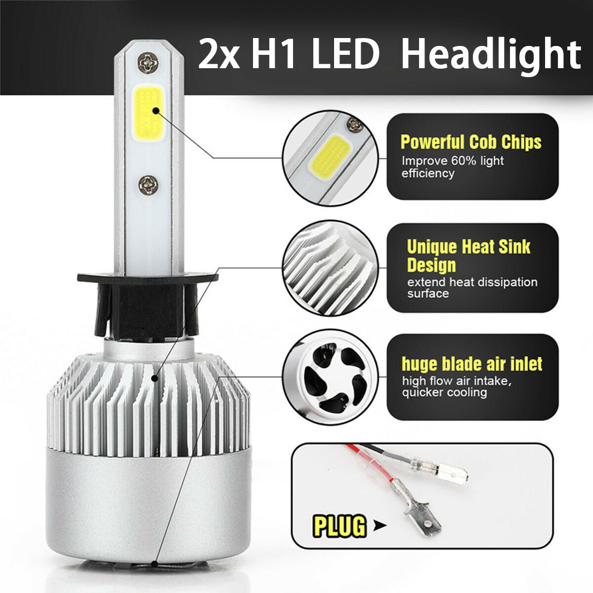 H1 LED Headlight Bulb All-in-One Conversion Kit 6000K White IP68  Waterproof 2PC