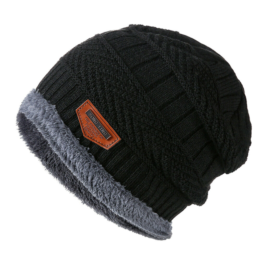 Winter Beanie Hat Soft Warm Knit Hat Thick Fleece Lined Skiing Running Black