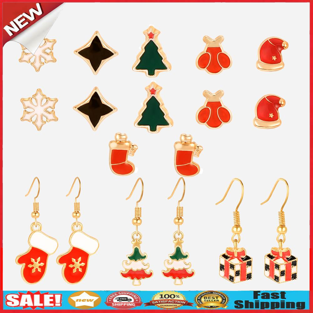 9 Pairs Christmas Stud Earrings Women Gloves Snowflake Dangles Jewelry Gift @
