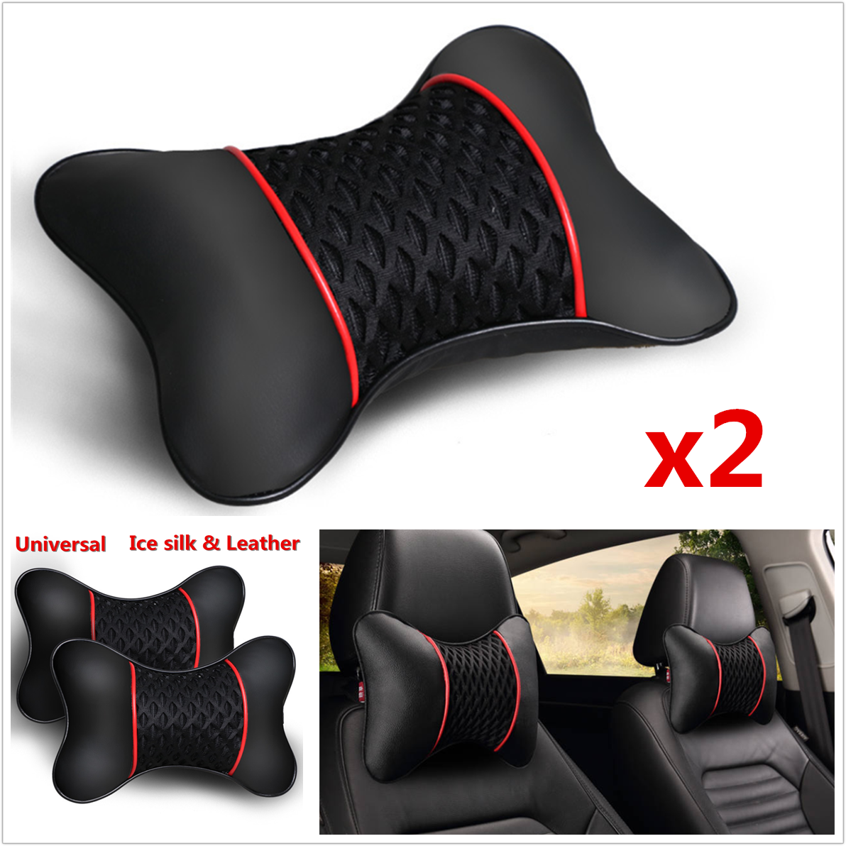 Pair Car Headrest Neck Pillow Ice Silk+Leather Cervical Pillow Seat Neck Pillows
