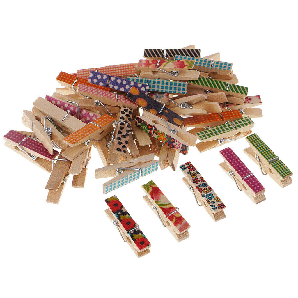 50X Home /Office Display Patterned Clothespins Wooden Photo Paper Peg DIY