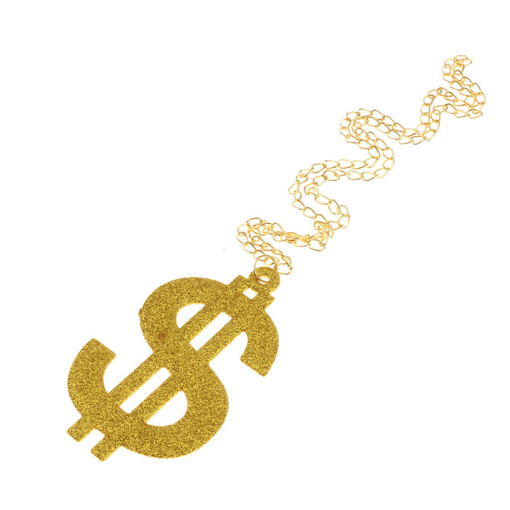 Set of 4 Pieces Glitter Dollar Signs Ring Necklace 70s 80s Rapper Big Daddy