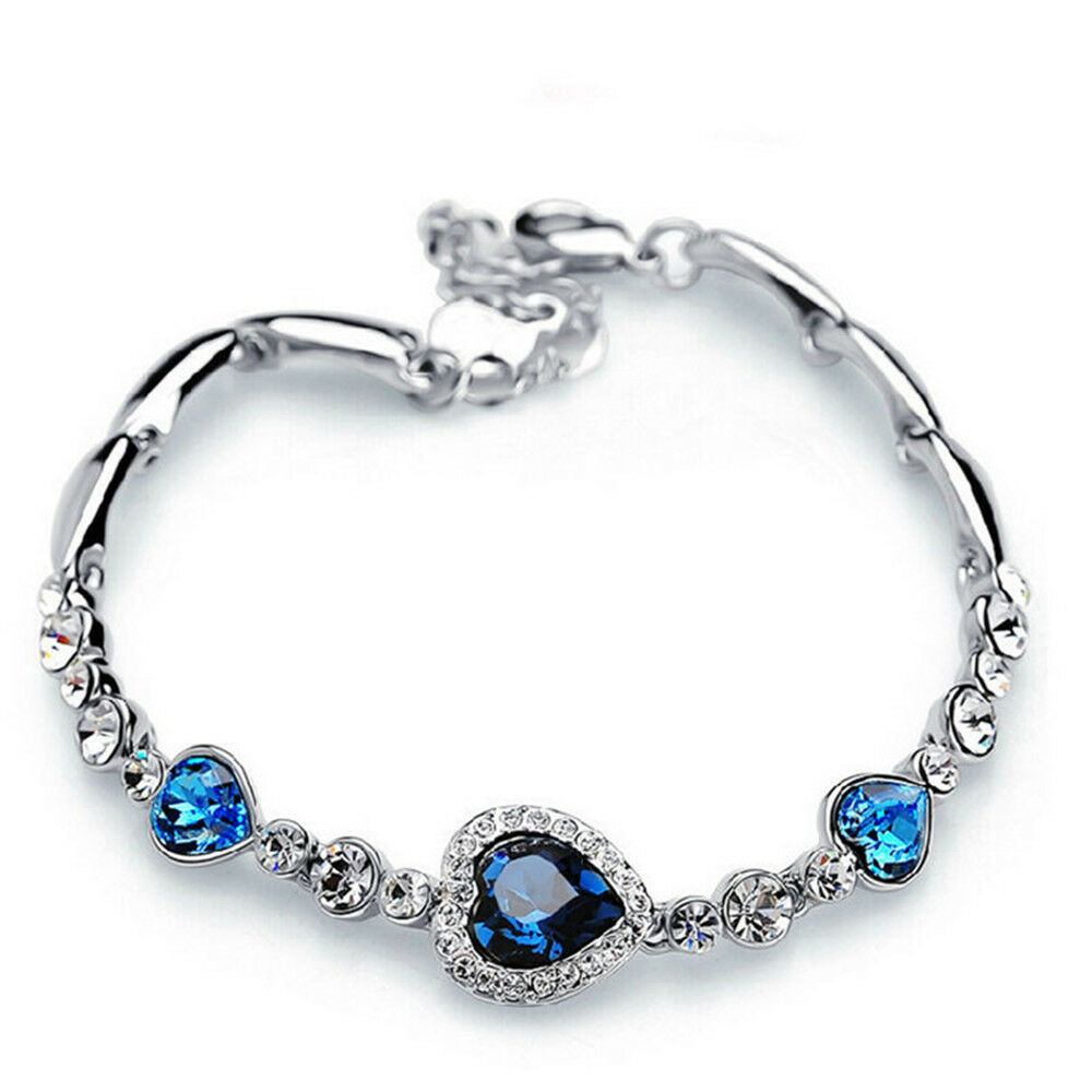 Luxury Fashion Women Blue Crystal Rhinestone Heart Charm Bangle Bracelet Gift