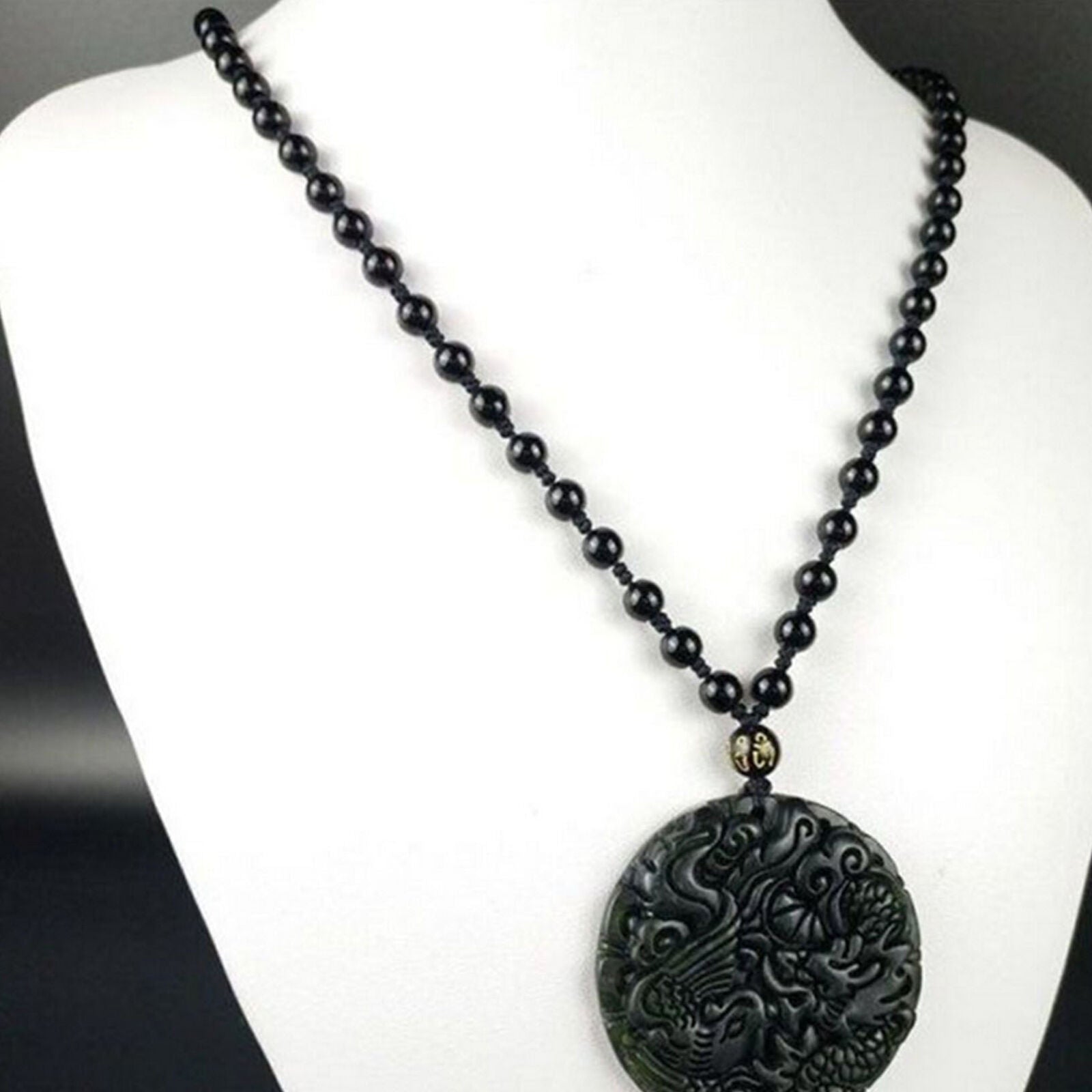 Natural Black Green Jade Taiji Yin Yang Dragon Phoenix Amulet Pendant Gifts