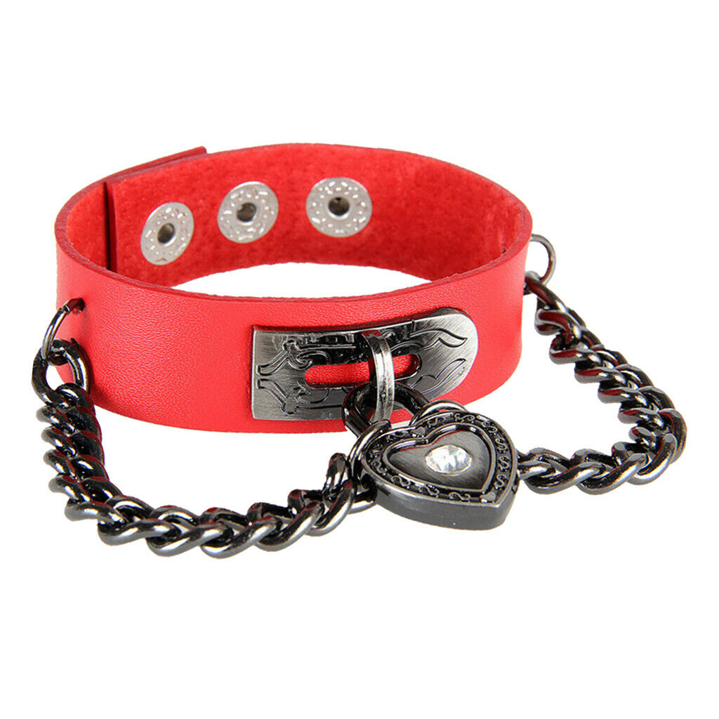 Punk Rock PU Leather Bracelet Wide Rock Metal Chain Wristband Cuff Red
