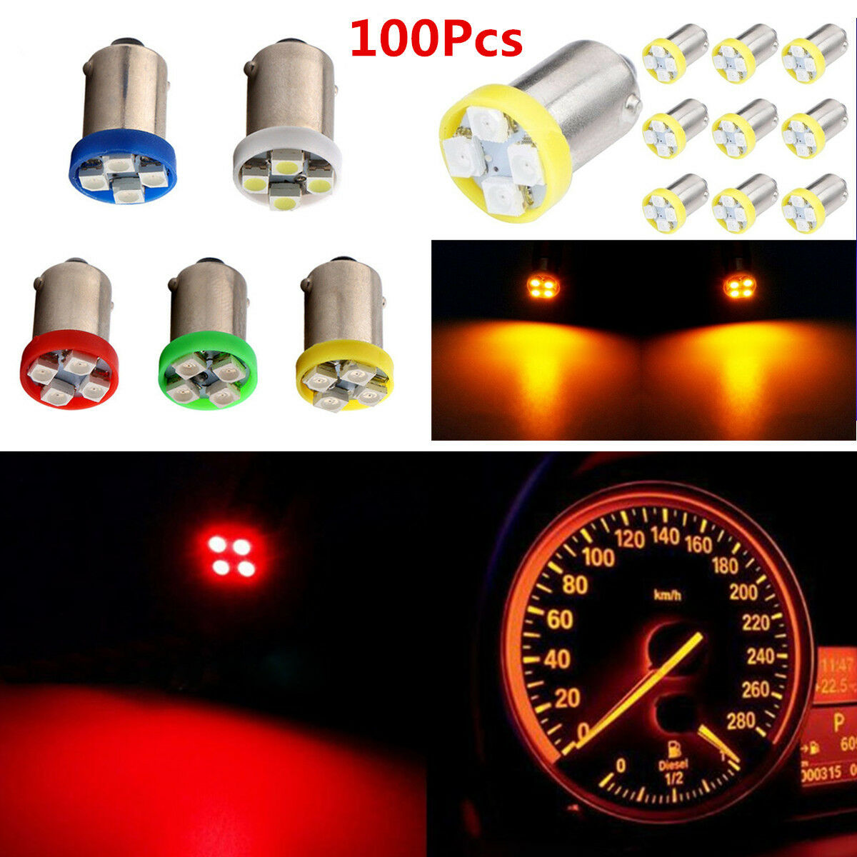 100pc BA9S T4W 1210-4SMD LED Light for Car Dome Map Light Turn Signal Dash Light